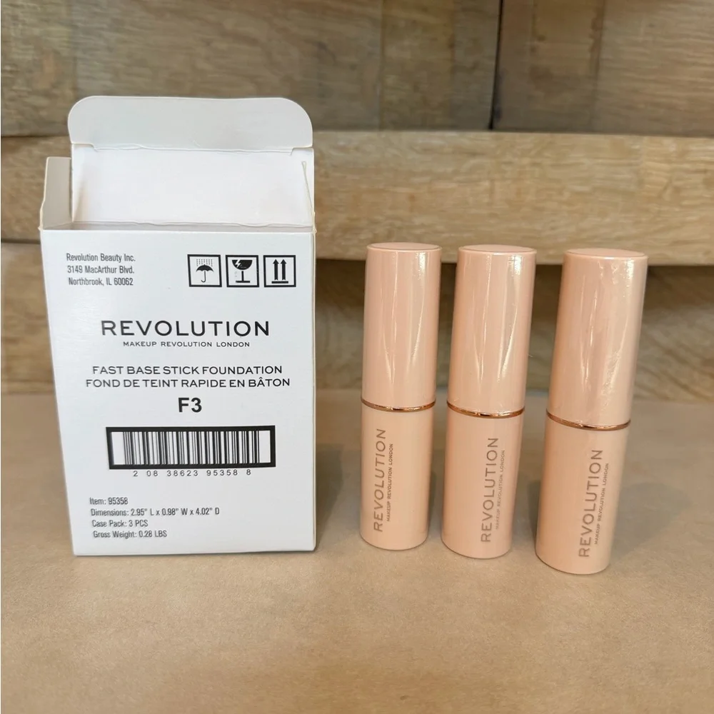 Makeup Revolution Fast Base‎ Stick Foundation in shade F3. Comes in a set of 3.